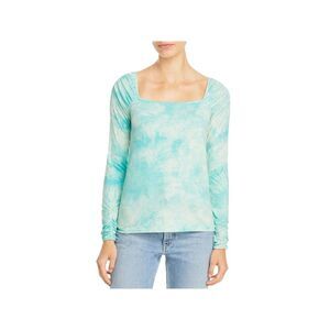 SINGLE THREAD Womens Aqua Stretch Ruched Ribbed Long Sleeve Square Neck Top M